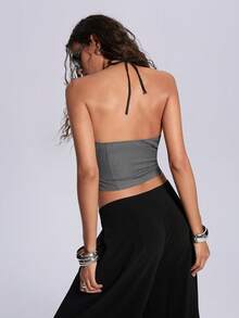 ROMWE 修身蕾丝立领女式背心 - 灰色 - 查看 3