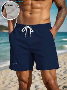 Men's Summer Navy Blue Drawstring Waist Slant Pocket Hawaiian Quick-Dry Double-Layer Mesh Lining Shorts, 3D Printed Fashion Casual Beachwear Swim Trunks