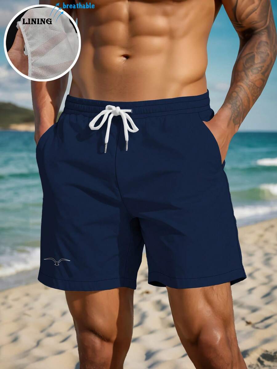 Men's Summer Navy Blue Drawstring Waist Slant Pocket Hawaiian Quick-Dry Double-Layer Mesh Lining Shorts, 3D Printed Fashion Casual Beachwear Swim Trunks