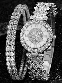 2pcs Women's Fashion Casual Quartz Watch, Round Luxury Full Diamond Watch, Paired With Rhinestone Bracelet Jewelry Set, Suitable For Daily Wear, Festivals And Parties, Best Gift For Women - Silver - View 8