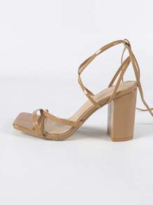 Sandalias de tacón alto en color camello con diseño de cordones talla grande largos hasta el tobillo, punta cuadrada, tacón ancho cómodo y de moda, versátil, estilo de punta abierta para estilizar las piernas, diseño minimalista en color rosa claro