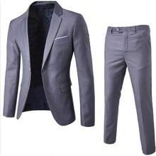 Men's Business Suit Set Professional Formal Wear Two-Piece Slim-Fit Suit Korean Style Best Man & Groom Wedding Attire - 淺灰色 - 查看 1