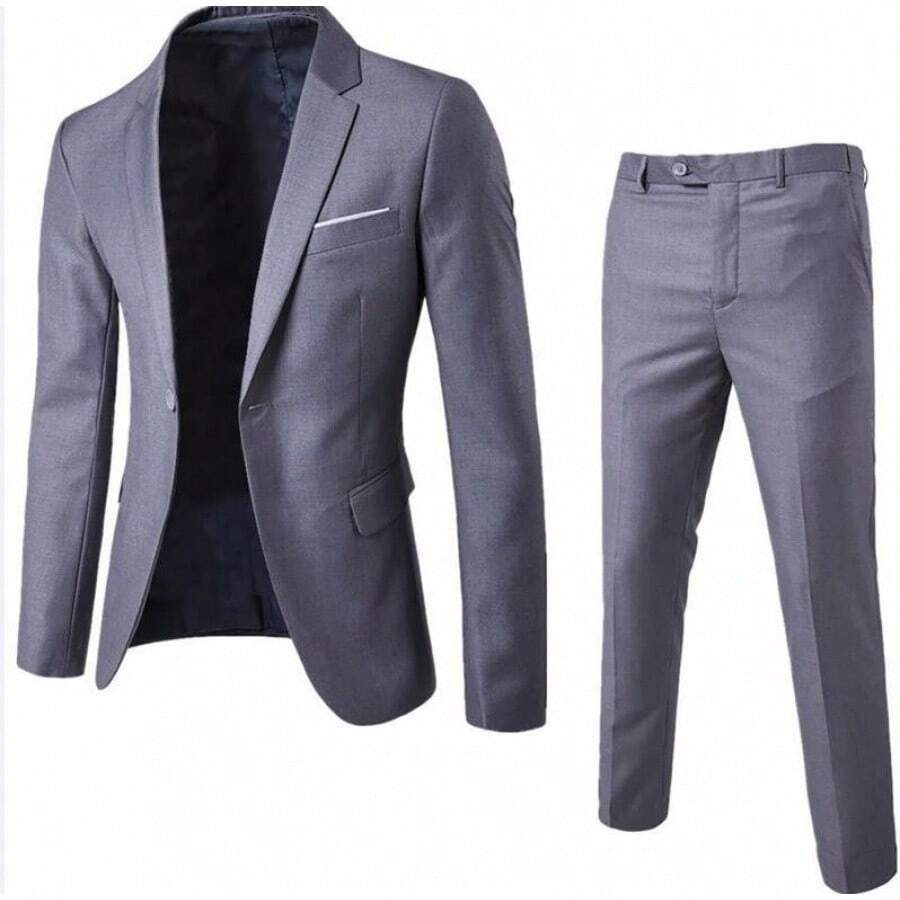 Men's Business Suit Set Professional Formal Wear Two-Piece Slim-Fit Suit Korean Style Best Man & Groom Wedding Attire - 淺灰色 - 查看 1