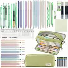 50pcs Morandi Stationery Set, Back To School Essential, Large Capacity Pencil Case, 8pcs Black Ballpoint Pens, 6pcs 0.5mm Morandi Mechanical Pencils, 12pcs Highlighters, Sticky Notes, Erasers, Ruler, Cute Office & School Supplies, Suitable For Both Men And Women