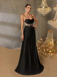Faeriesty Dünner Spaghettiträger Rücken Schleife Hoher Schlitz Abendkleid Damen Formelles Kleid für Rote Teppich Veranstaltungen, Galas, gehobene Hochzeiten, Firmenbankette, Opernabende - Schwarz - Übersicht 6