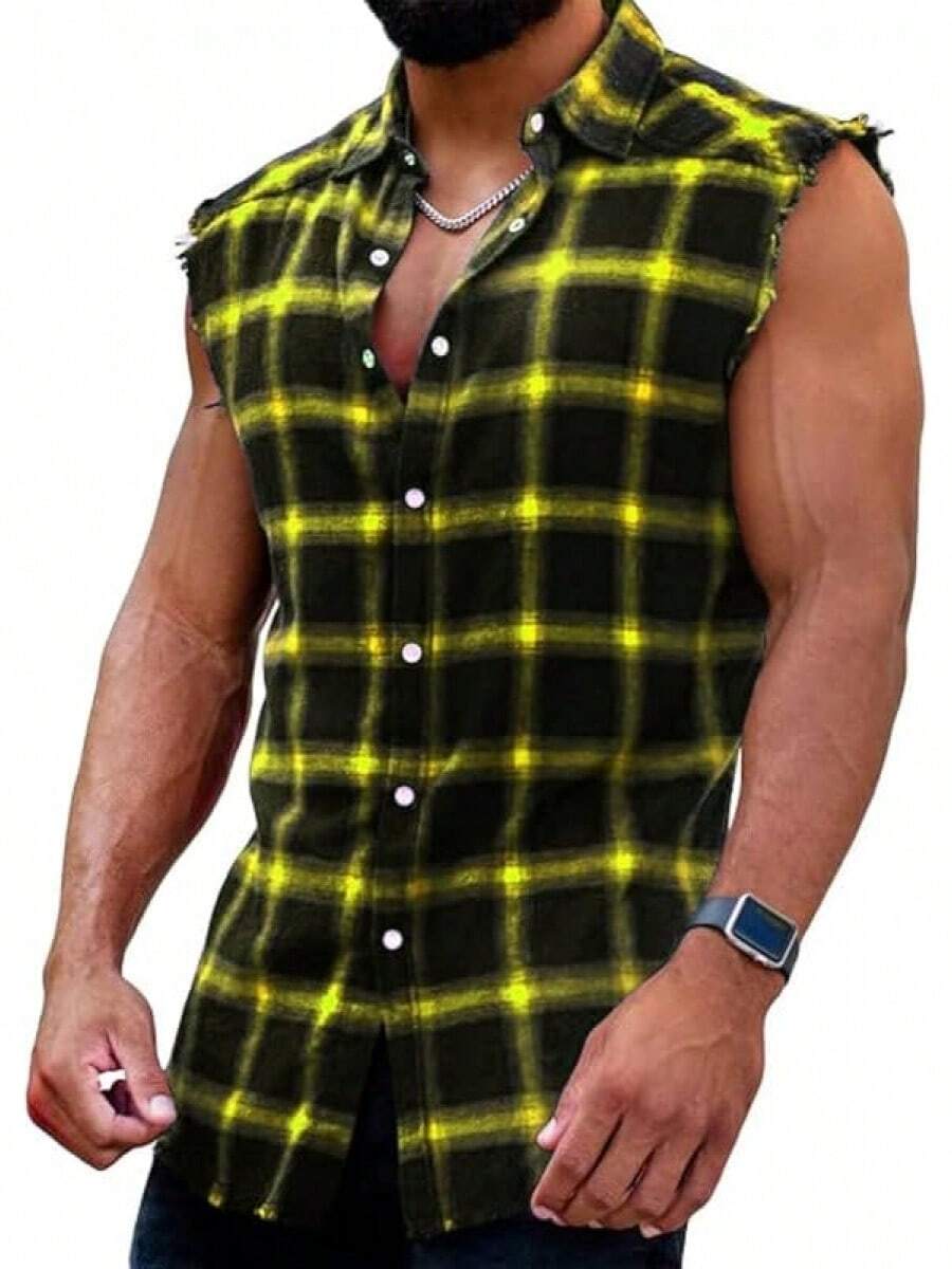 Mens Sleeveless Flannel Shirt Plaid Casual Button Down Shirts Vest-2025 - Yellow - View 1