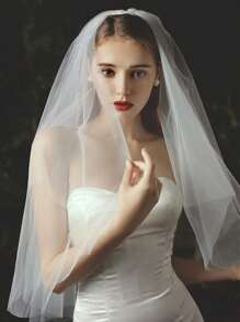 1pc Beige Double-Layer Short Bridal Veil With Comb