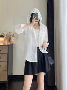 French Hollow Crochet Hooded Long Sleeve Blouse, Loose Street Style Fashionable Elegant Thin Shirt For Women, Autumn/Winter