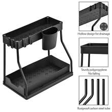 2 Tier Under Sink Organizer, 2 Tier Multi-Purpose Kitchen And Bathroom Organizer And Storage With Sliding Drawers, Bathroom Cabinet Organizer, Storage Rack With 5 Hooks, 2 Hanging Baskets