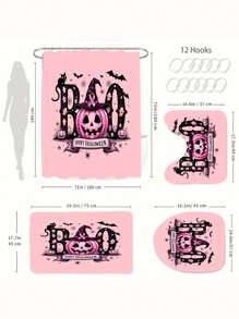 1/4-Stück Halloween einfaches rosafarbenes Kürbis Segen Duschvorhang-Set, rosa Kürbis Halloween Design, 100% Polyester Stoff Vorhang, wasserresistent & leicht zu reinigen, elegantes Einweihungsgeschenk, moderne Heimdekoration, inklusive Duschvorhang, Teppich und 12 Haken, perfekte Halloween Badezimmerdekoration