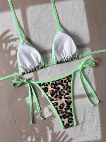 Women's Backless Leopard Print Patchwork Bikini Set (Top And Bottom), Casual Summer