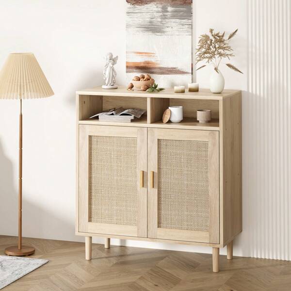 Credenza a buffet, mobile da cucina in rattan con 2 ante, mobile moderno per sala da pranzo, soggiorno, ingresso, bar, tavolo consolle per l'arredamento della casa.