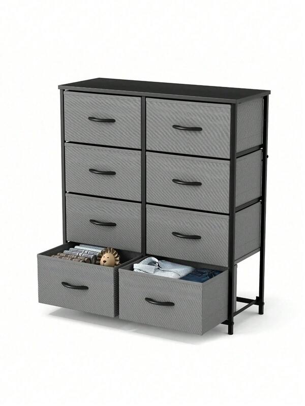 "Tall Dresser With 8 Fabric Drawers & Wooden Top - Bedroom Storage Organizer"