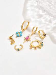 1 conjunto de 6 brincos elegantes de cristal de dopamina coloridos, adequados para uso diário, festa, festival, encontro ou casamento - Ouro amarelo - Ver 3