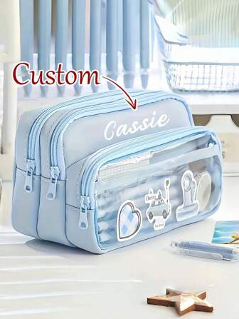 Personalized Large-Capacity Pencil Case - Durable PVC Stationery Pouch With Transparent Design And Personalized Name Option. Suitable For School, Office, And Travel Use, This School Supplies Storage Box Is A Stylish Zipper Bag That Can Serve As A Pencil Pouch Or Cosmetic Makeup Bag