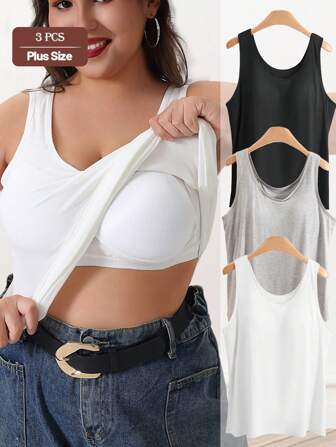 3 件套加大码纯色吊带背心，带衬里和胸垫，无缝舒适弹性吊带背心，适合分层穿着