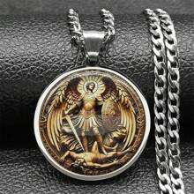 SAINT MICHAEL PROTECT US Archangel Stainless Steel Glass Medal Necklaces Chain Men Women Gold Color Necklace Amulet Jewelry