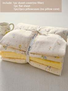 3/4pcs Bedding Set, Cartoon Rabbit Pattern Duvet Cover, Yellow Daisy Double-Sided Print Duvet Cover Set, Skin-Friendly & Breathable, Zipper Closure, Soft & Cozy Bedroom Bedding Set, Cute & Fresh Style With Black Polka Dot Print Pattern, Suitable For All Seasons (Includes 1 Duvet Cover, 1 Bed Sheet, 1 Or 2 Pillowcases, No Filler) - Rabbit Dream Blossom - View 5