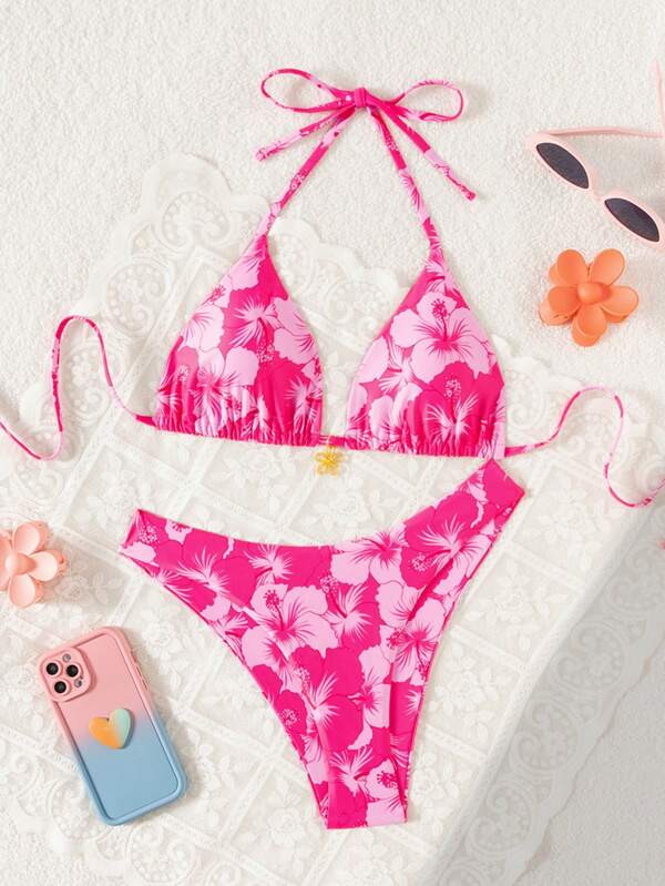 Pink Flower Printed Triangle Bikini Set With Metal Flower Decor, Resort Swimwear For Women
