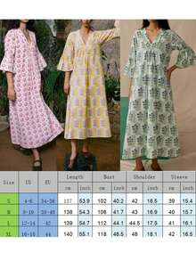 Womens 3/4 Puff Sleeve Floral Maxi Dresses Boho Summer Casual V Neck Long Flowy Swing Dress - Yellow - View 2