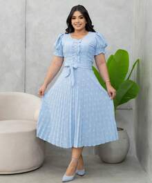 Pleated Midi Dress With Round Godet Neckline - Baby Blue - View 2