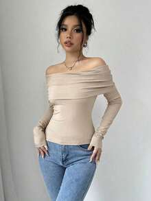 Women's Elegant Off Shoulder Ruffle Long Sleeve Solid Color Blouse - Beis - Ver 4