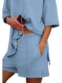 Womens Shorts Sets 2 Piece Outfits Summer 2025 Half Sleeve Crew Neck Cotton Lounge Sets Matching Clothinghalloween - 白色 - 查看 4