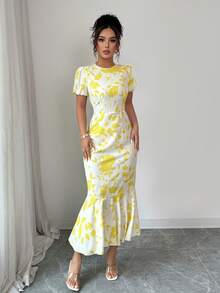 1pc Women's Elegant Plant Printed Woven Fabric Dress, Sophisticated Casual Everyday Wear - Multicolor - View 4