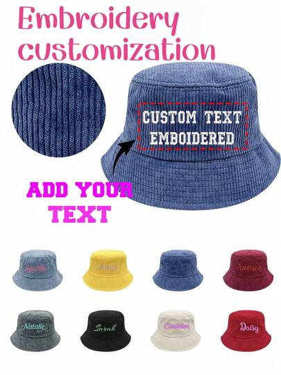 1 pieza Sombrero de pescador de pana bordado personalizado unisex, sombrero cubo de ala ancha que reduce visualmente el rostro para protección solar de verano y camping, gorra versátil de moda para parejas, sombrero cómodo para actividades al aire libre, viajes y uso diario, que puede ser un regalo personalizado para Navidad, Día de San Valentín, Día de la Madre, Día del Padre o cumpleaños