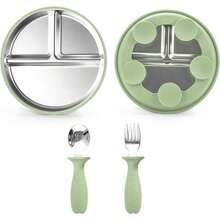 Plato de acero inoxidable para bebé con tenedor y cuchara, plato para bebé con ventosa, plato para niños con ventosa, plato para niños con divisores, irrompible, apto para lavavajillas - Multicolor - Ver 8