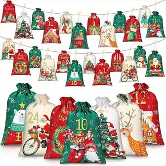 1 Pack (24pcs + Clips + String) Christmas Countdown Surprise Bags, Countdown Calendar Portable Bags, Christmas Candy Gift Bags, Decorative Bags, Advent Calendar Countdown Burlap Bags