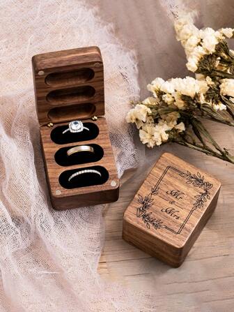 1pc Mr & Mrs 3 Slot Ring Box, Engraved Triple Wooden Ring Case Box For Wedding Ceremony Ring Bearer Box, Anniversary Birthday Gift Ideas, Gift For Valentine's Day Back To School