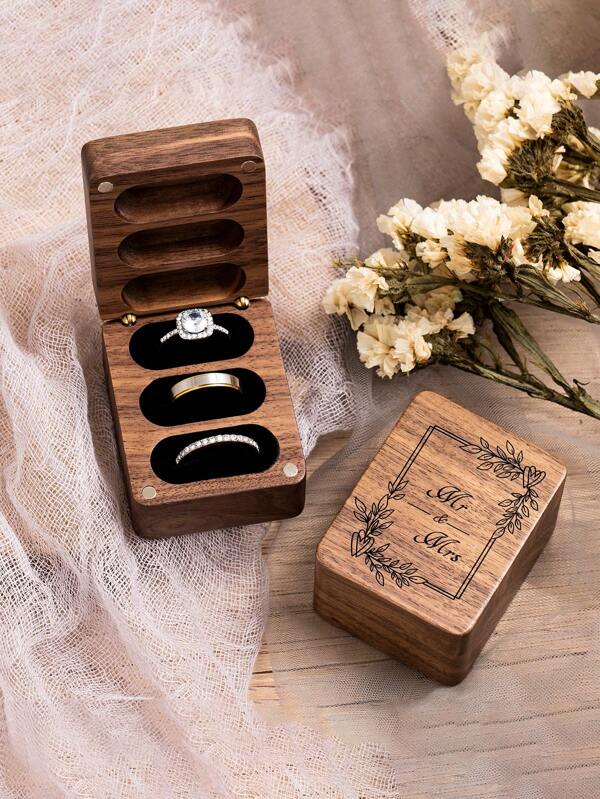 1pc Mr & Mrs 3 Slot Ring Box, Engraved Triple Wooden Ring Case Box For Wedding Ceremony Ring Bearer Box, Anniversary Birthday Gift Ideas, Gift For Valentine's Day Back To School