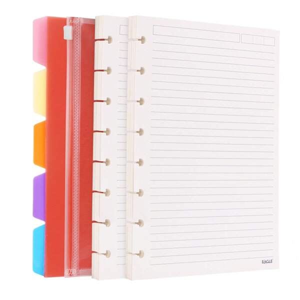 Eagle Carta di ricarica per planner a fogli mobili, inserti per planner a fogli mobili, 120 fogli/240 pagine, divisori in plastica a 5 alette con 1 tasca con cerniera, ricarica carta per sistema di annotazioni, misura Junior 8,4" X 5,5"