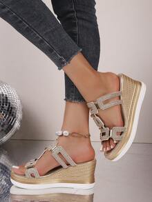 女式夏季闪光布休闲厚底铆钉镂空厚底拖鞋，压花可调节钩环坡跟凉鞋，露趾时尚平底鞋，颜色可选黑色、白色、蓝色、紫色、海军蓝、灰色 - 金色 - 查看 6