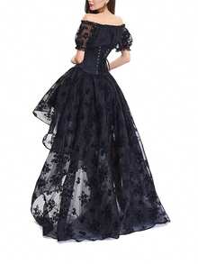 Women Irregular Ruffle Hem Skirt, Floral Embroidery Elastic Waist Tulle Skirt for Summer - Negro - Ver 3