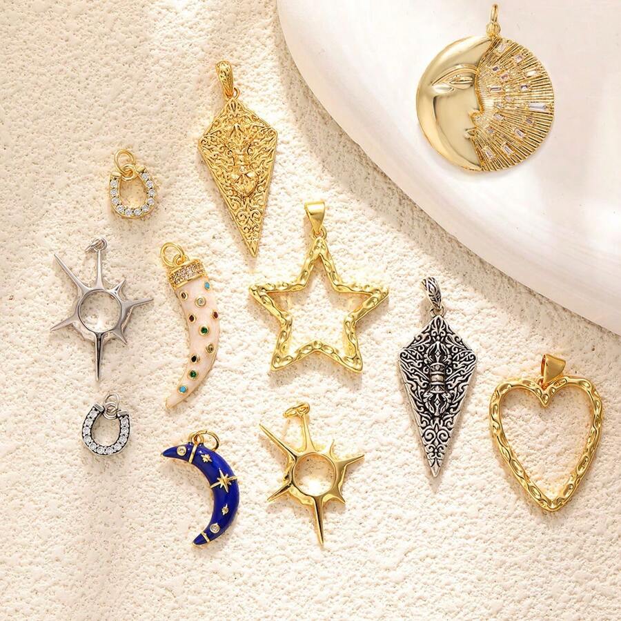 1 pieza Colgante lujoso en forma de sol, pentágono, escudo, luna y corazón, chapado en cobre, con diseño geométrico e incrustado de circonita cúbica, accesorio de joyería DIY, regalo para hombres y mujeres