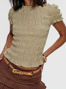 Women Shirred Short Sleeve Tops Slim Fit Solid/Plaid Frill Trim Round Neck Shirts Casual Summer Streetwear - Màu vàng - Xem 1