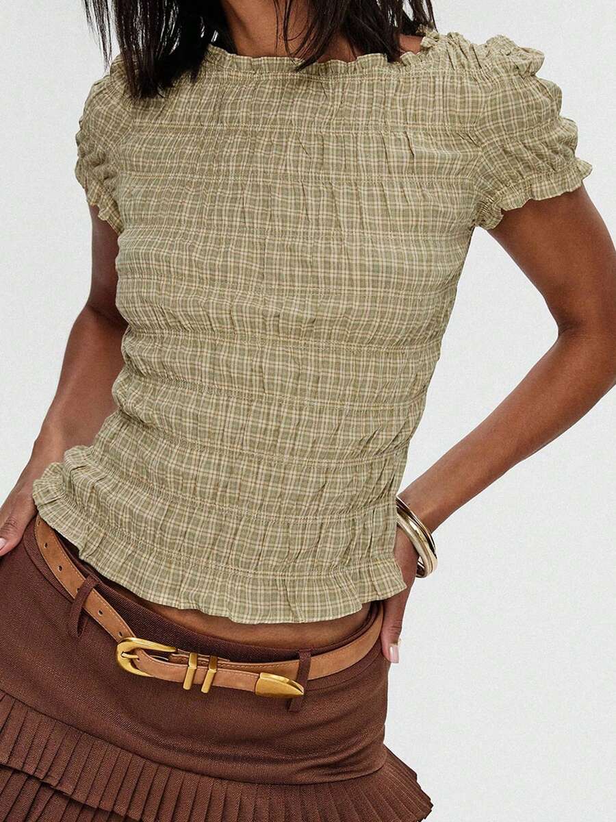 Women Shirred Short Sleeve Tops Slim Fit Solid/Plaid Frill Trim Round Neck Shirts Casual Summer Streetwear - Màu vàng - Xem 1