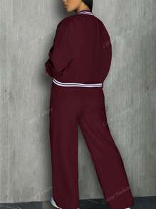 Jaqueta de beisebol feminina, roupa esportiva de cor sólida, roupa esportiva com bolso, conjunto de 2 peças para acampamento ao ar livre, moletom com capuz e cordão, roupa esportiva