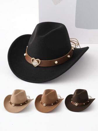 1顶西部波西米亚风牛仔帽，带可拆卸心形装饰，UPF 50+防晒，万圣节、复活节完美礼物