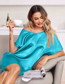 Women Satin Nightgowns Short Sleeve Silk Sleepwear Boyfriend Casual Dresses With Chest Pocket S-XXL - 藍綠色 - 查看 2