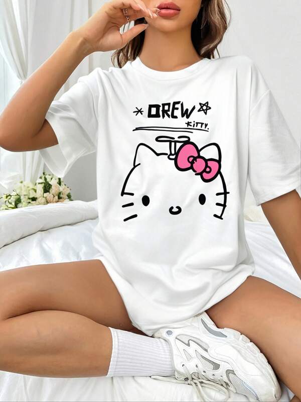 Sanrio Sanrio Hello Kitty Printed Women T-Shirt, Casual Loose Fit Short Sleeve Sleepwear Top, Comfortable Couple Pajama, Cute Cartoon Cat Clothing For Spring/Summer Vacation