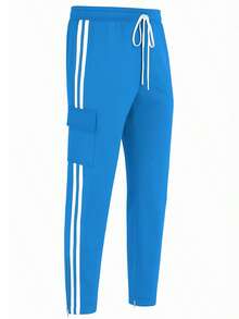 Mens Aqua Blue And White Side Stripe Cargo Track Pants Elastic Waist With Drawstring Ankle Zipper Streetwear ACtivewear Gym And Fitness Casual Pants  Regular Fit    Weekend Casual  Night Out  Sports  Daily - 水白色 - 查看 2