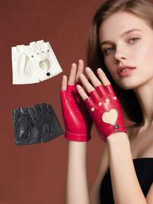 1 par de guantes de medio dedo con diseño hueco en forma de corazón de unicolor de PU, estilo punk, unisex, adecuados para salir, ciclismo, deportes, actuaciones de baile callejero, accesorios de otoño