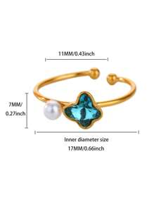 Anillos de acero inoxidable con pequeñas mariposas azules y flores, anillo de color dorado impermeable para mujeres, joyería de perlas falsas para boda, accesorios para vacaciones, regalo para mamá/mejores amigas/hija
