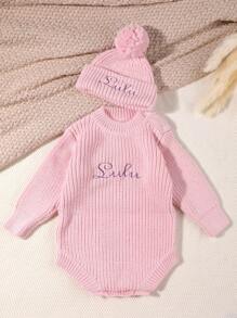 1pc Thick White And Pink Embroidered Name Knit Long Sleeve Sweater & Pompom Decor Beanie Hat, Newborn Baby Gift For Girls And Boys, Autumn/Winter