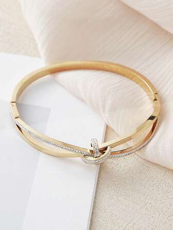 1pc Fashionable & Elegant Rhinestone Stainless Steel Criss-Cross Butterfly Bangle Bracelet, Suitable For Women's Daily Wear