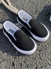 OPOEE 白色帆布鞋幼儿小白运动鞋儿童帆布鞋，韩版简约休闲系带运动鞋，经典帆布鞋，低帮一脚蹬舒适儿童鞋，舞蹈鞋 - 黑色 - 查看 24