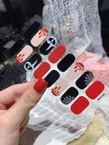 1pc Halloween Dark Style Nail Stickers, Ghost Face Blood Drop Spider Web Design, Red & Black Contrast Color Full Nail Decals, Party Holiday Photo Versatile, Easy To Apply And Remove - Multicolor - View 3